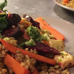 Roast vegetable freekeh with spicy green harissa